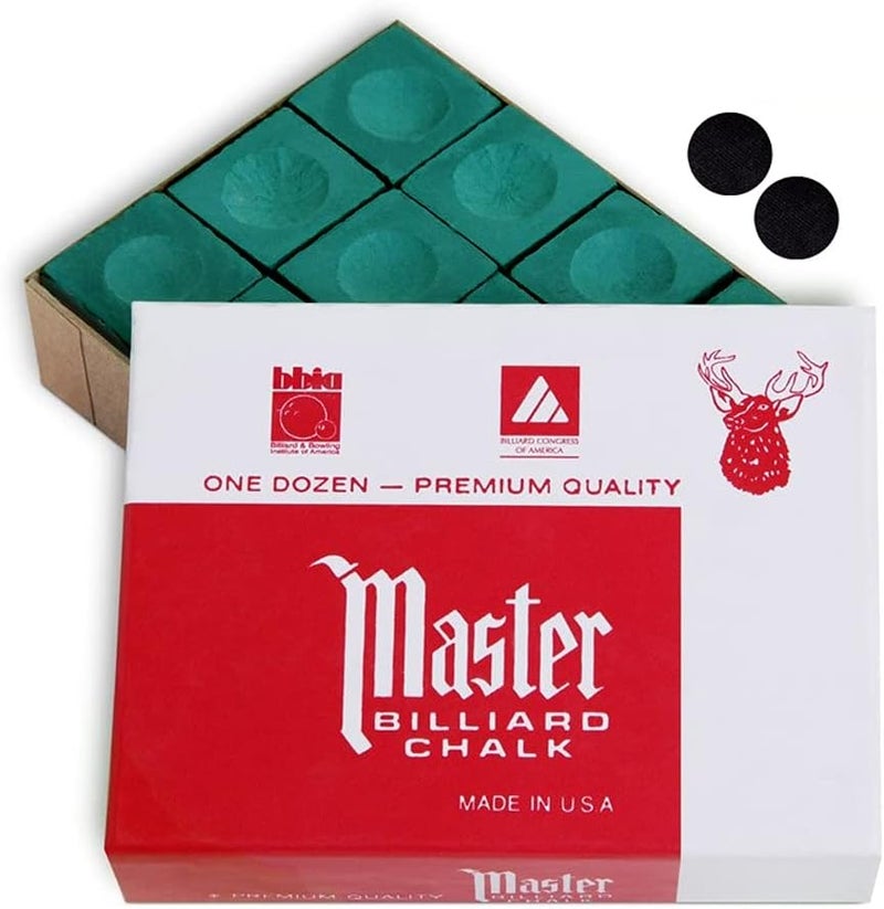 Master Chalk Master Billiard Pool Cue Chalk Premium Quality - 1 Dozen - Made in The USA + 2 pcs of Quality Billiard Pool Table Spots by Tweeten Fibre Co. - Image 1